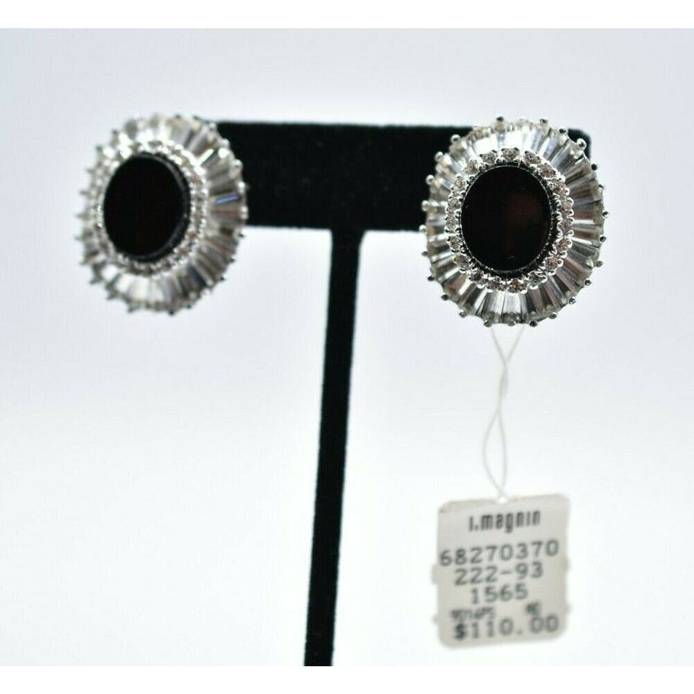 PANETTA Vintage Crystal Clip On Earrings Baguette Rhinestone Black Signed BinC